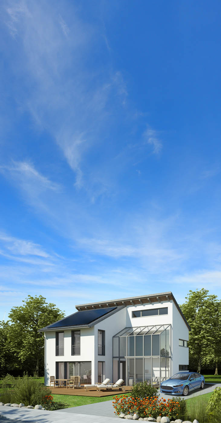 A modern, white home with sun panels installed on the roof provided by Solar Energy Partners solar providers in South Carolina & Georgia.