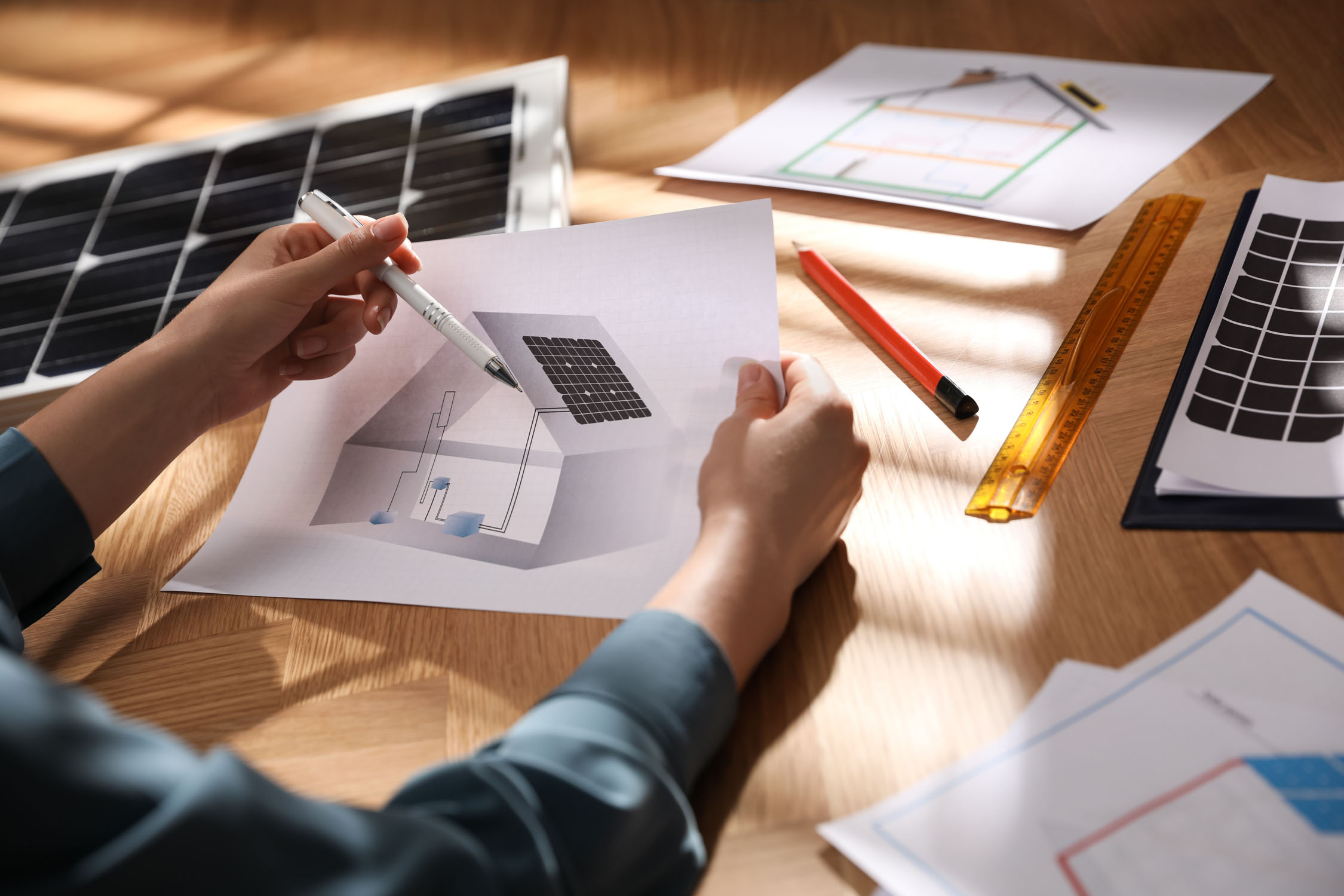 Solar Energy Partners employee drawing out solar panel installment plans.